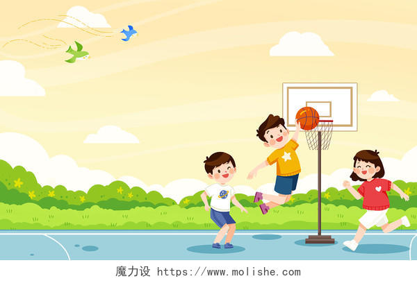 黄色卡通儿童篮球运动插画篮球插画